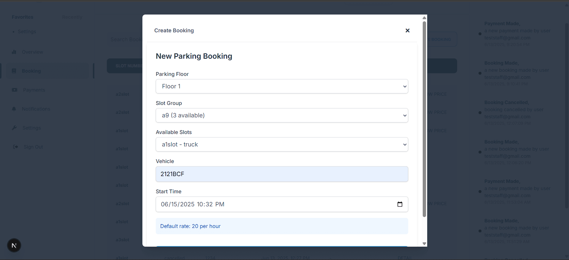 Create parking bookings